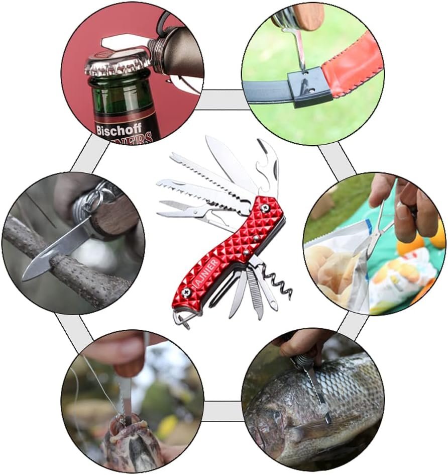 AJNIER 14 in 1 Swiss Style Folding Pocket Knife, Keychain Knife, Multitool Keychain, Army Knife, Scissors, Bottle Opener, Saw, All in One Tool for Men Women (red)