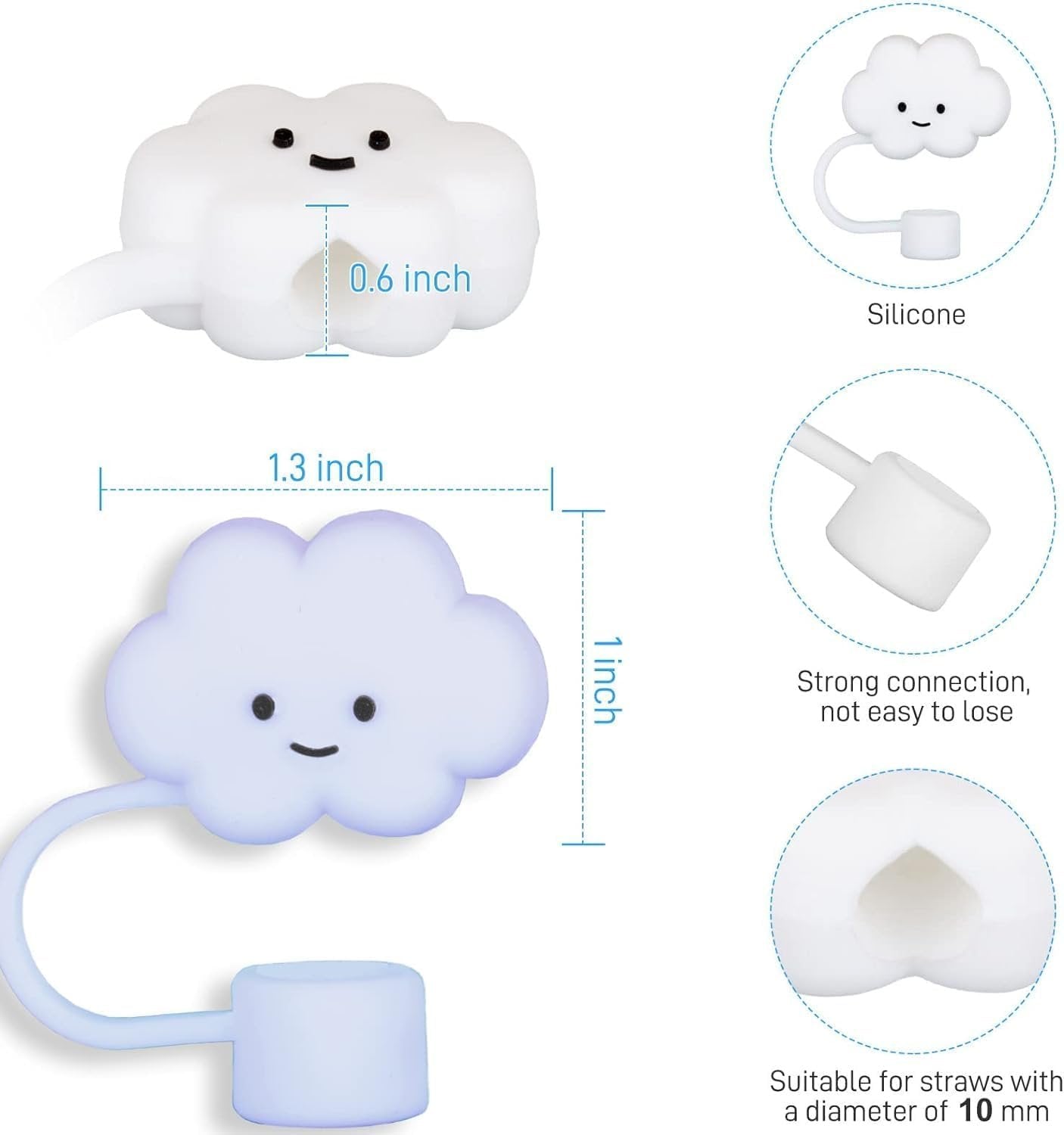 4 Pcs White Cloud Reusable Stainless Steel Silicone Food Grade Silicone Straw Protector Cover Kitchen Utensils Gadgets