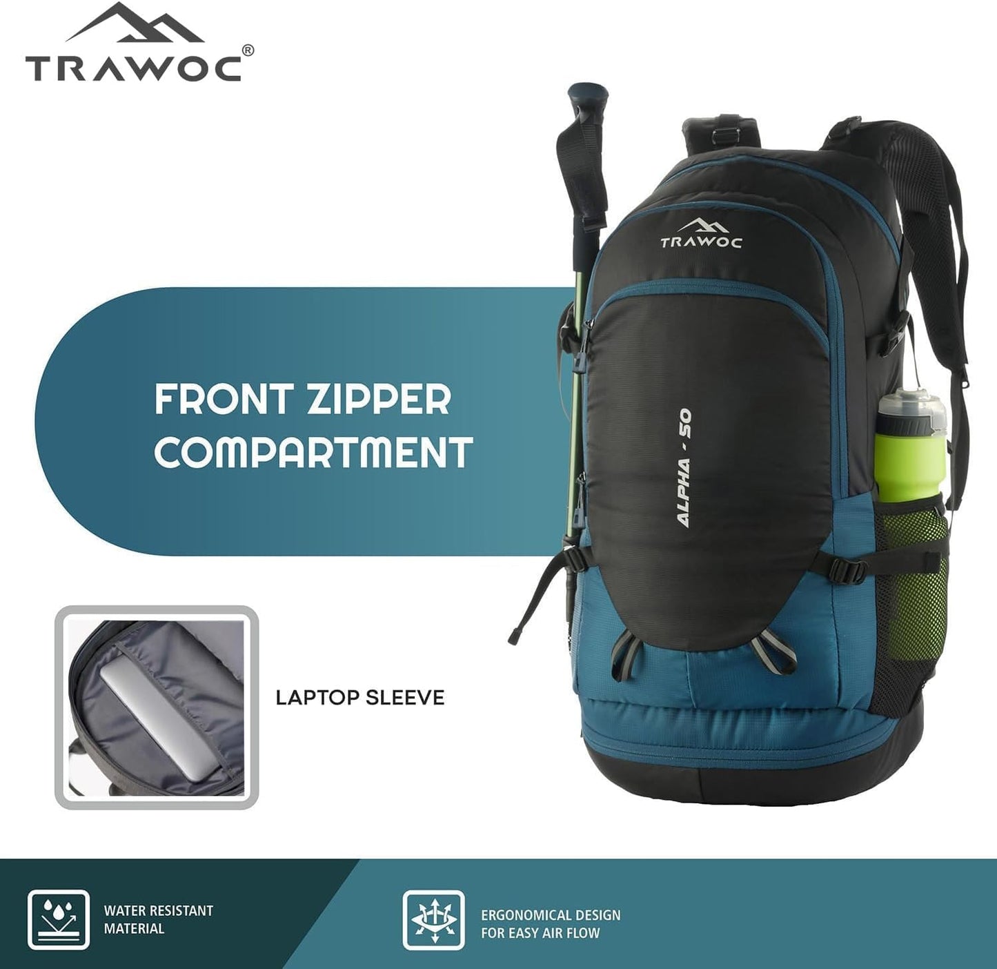 TRAWOC ALPHA 50 Litre Travel Backpack Water Resistant Daypack Bag for Cycling Trekking Hiking Camping for Men & Women