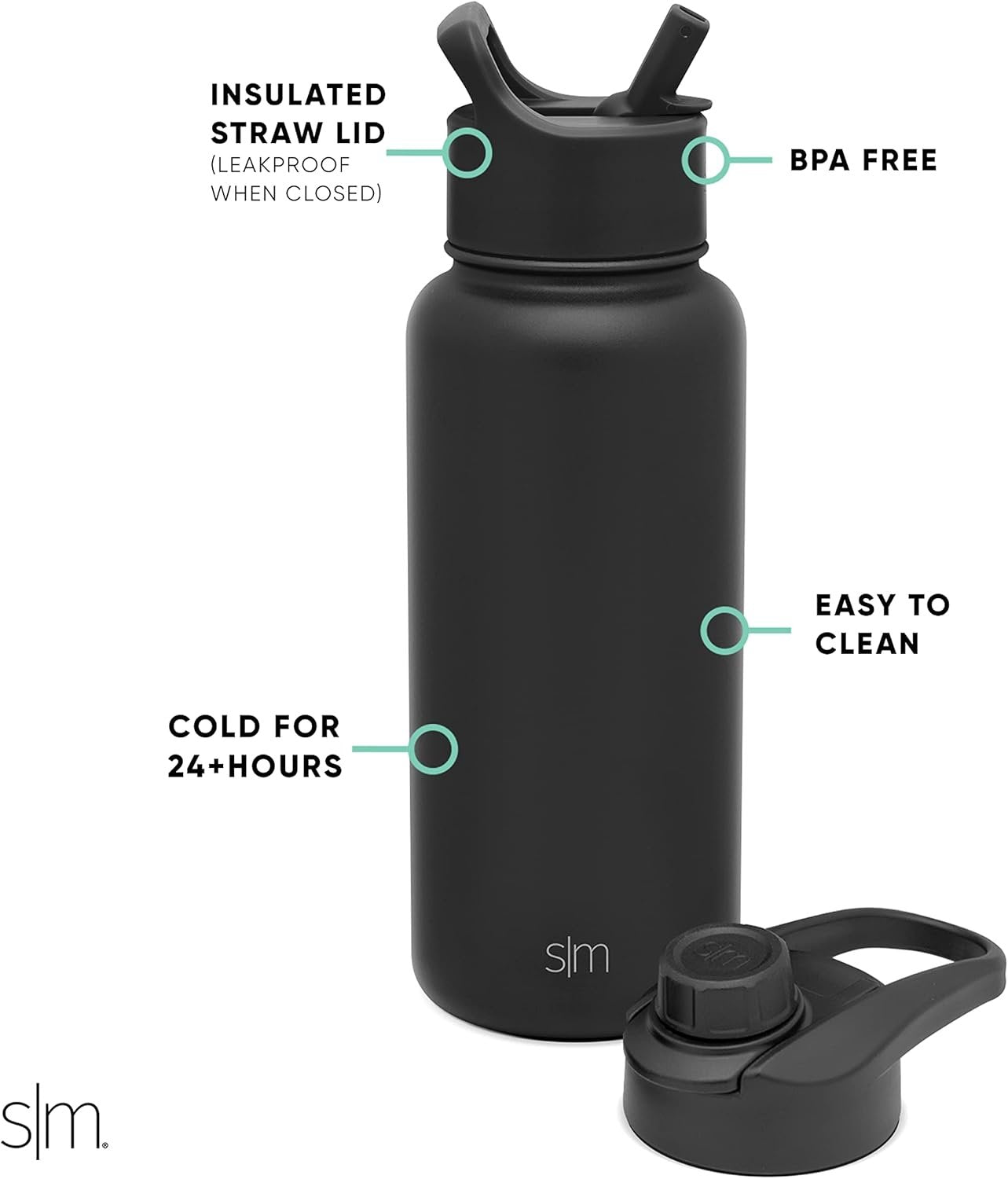 Simple Modern Water Bottle with Straw and Chug Lid | Insulated Stainless Steel Thermos for Sports Gym | Summit Collection | 32oz | Midnight Black