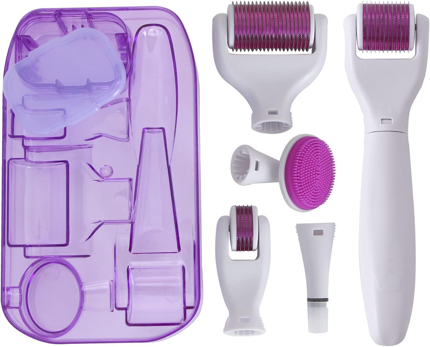 6 In 1 Derma Roller kit, Cosmetic Micro-Needling Instrument Skin Care Tool for Stretch Marks Wrinkles Acne Scars Hair Loss Regrowth with 4 Titanium Needle Heads Silicone Brush and Disinfecting Tray
