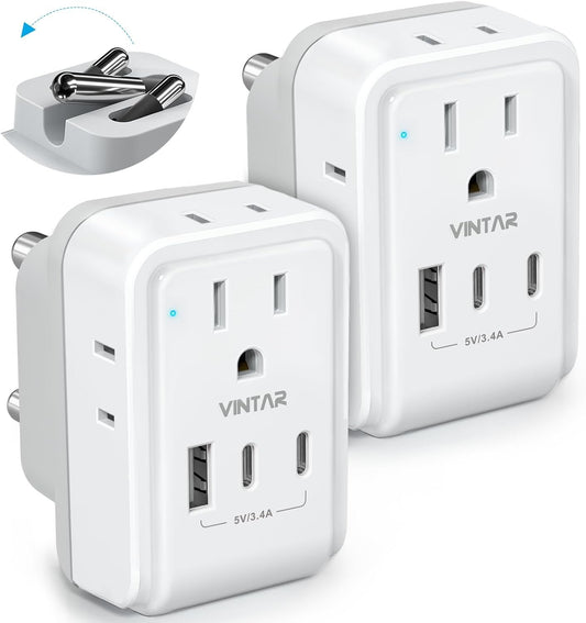 2 Pack South Africa Plug Adapter, VINTAR Foldable Type M Travel Adapter with 4 AC Outlets and 3 USB Ports(2 USB C), Travel Essentials for Canada to South Africa Bhutan Namibia Nepal