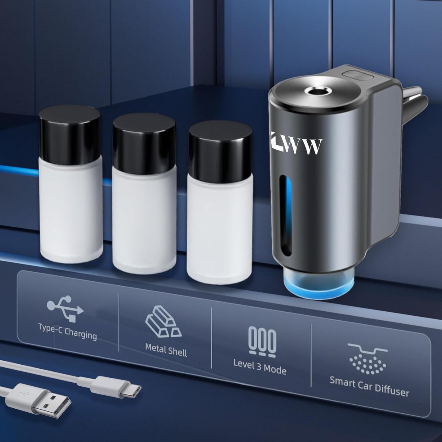 LWW Smart Car Air Freshener, 3 Levels of Adjustable Intensity, Aroma Rechargeable Aroma Diffuser, Adjustable Aroma Diffuser, 220mAh Built-in Fresh+Intense+Ocean Flavour