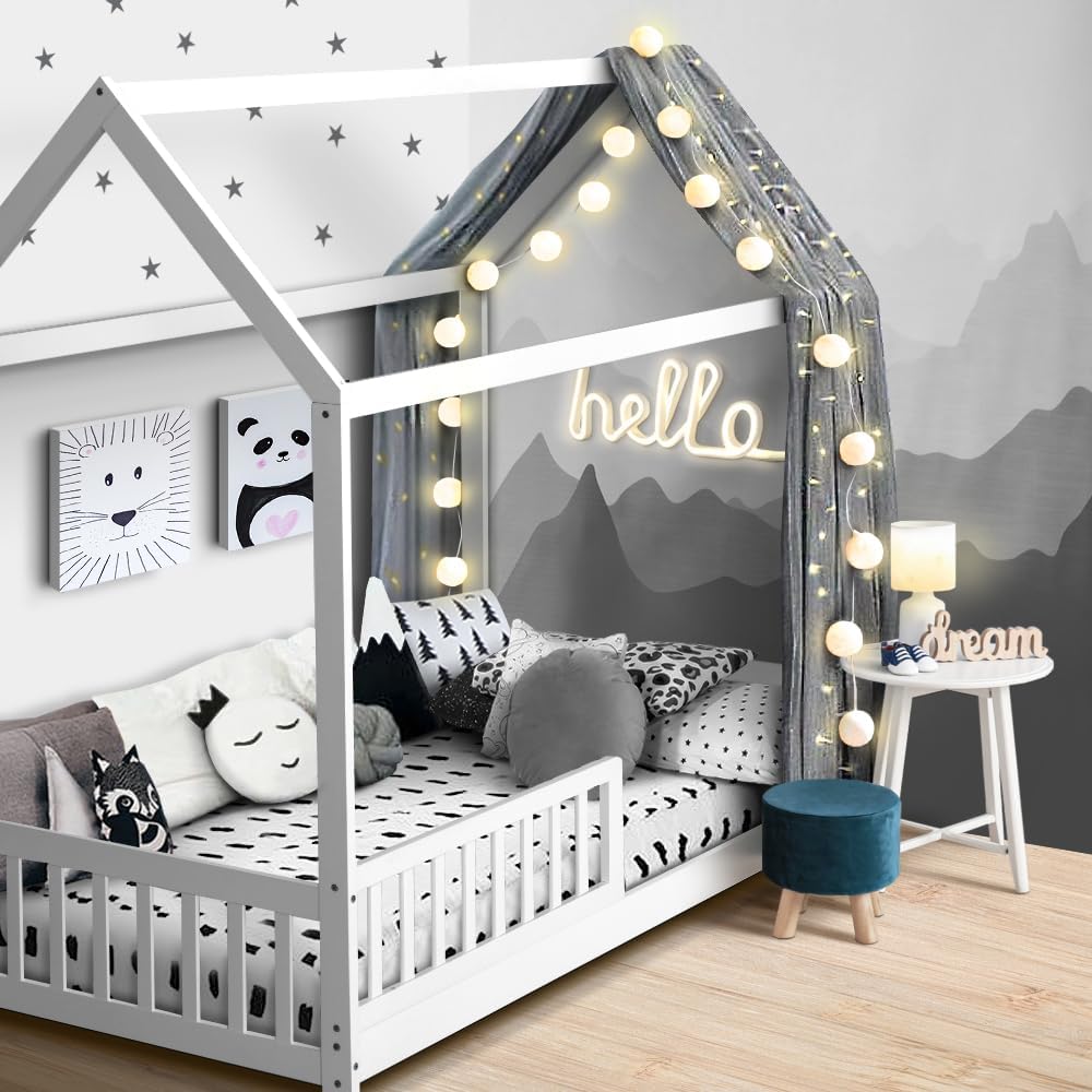 Artiss Single Bed Frame Day Beds Montessori Baby Toddler Kids Toddler Loft Floor Daybed Platform Wooden Timber Frames Base Bedroom Room Decor Home Furniture White, Modern Design