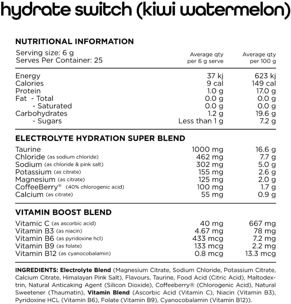 Switch Nutrition Hydrate Electrolyte Rehydration Blend 25 Serve Kiwi Watermelon