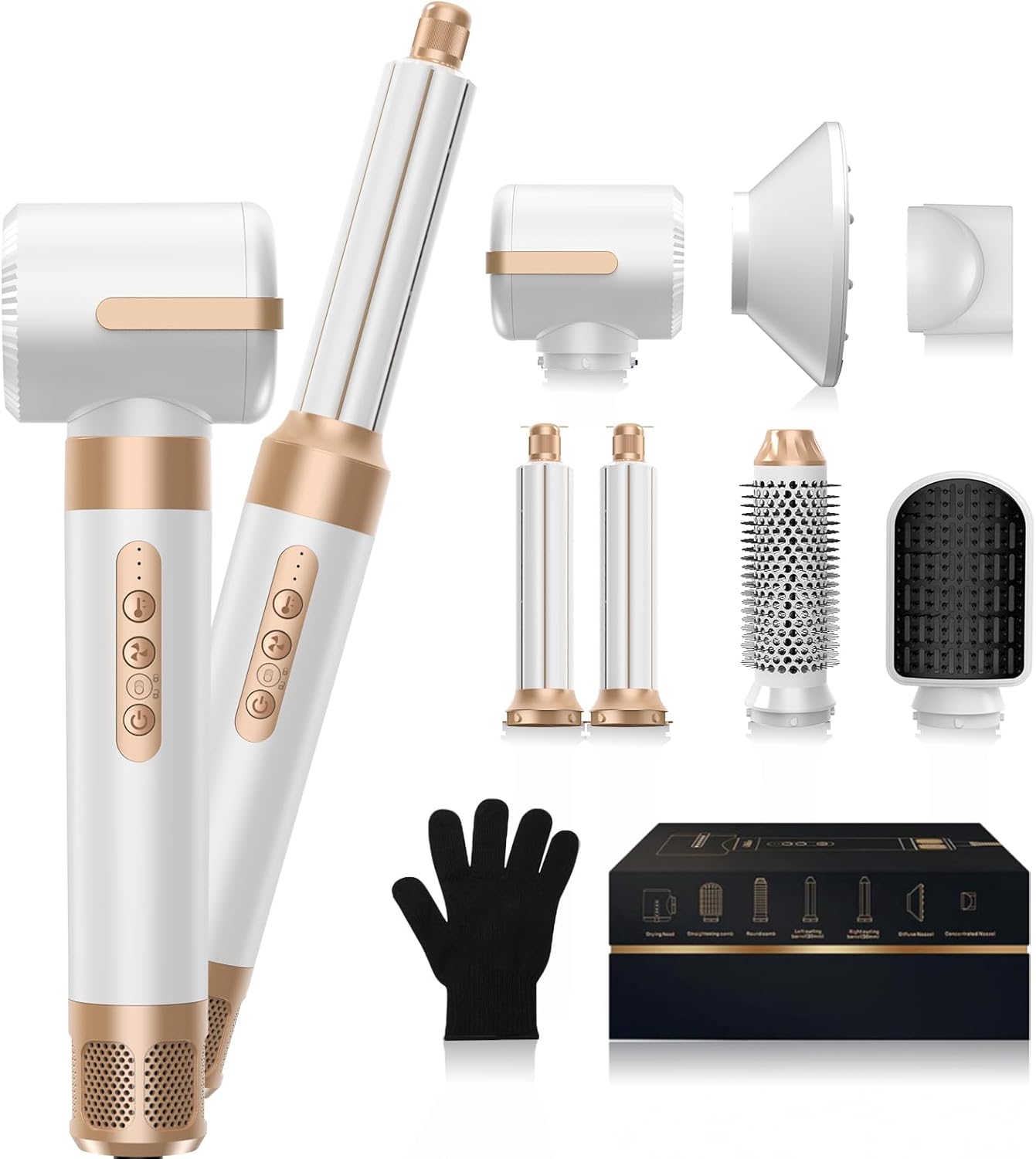 Hair Dryer Brush 7 in 1,110000 RPM Hot Air Brush Hair Styler for Curly Straight & Twisted Hair Professional Ionic Brush Blow Dryer for Salon-Quality Styling, White Gold
