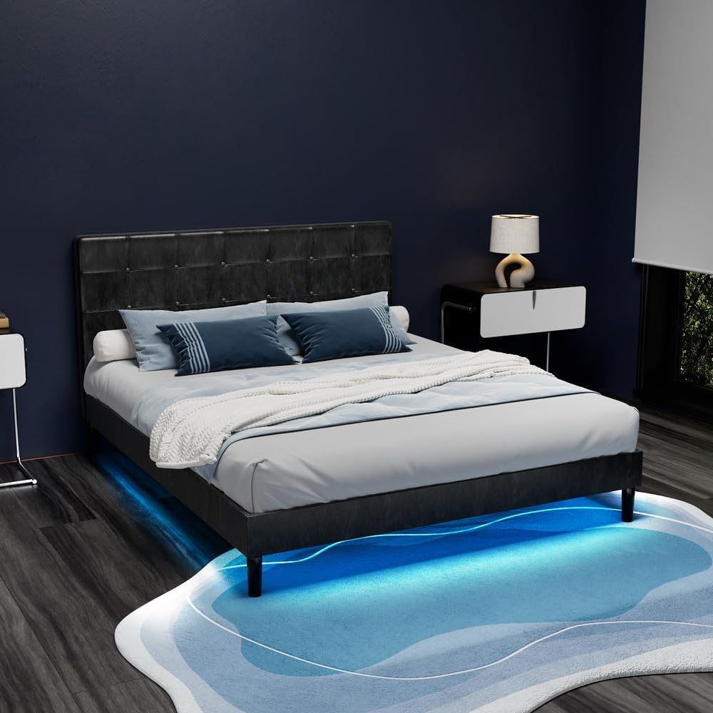 Artiss Double Bed Frame Platform Wooden Base Beds with LED Lights Bedroom Room Decor Home Furniture, Upholstered with Faux Linen Fabric + Foam + Wood, Modern Design Grey