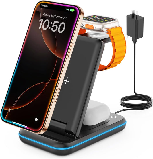 GEEKERA 3 in 1 Wireless Charging Station, Foldable Wireless Charger Stand for Multiple Apple Devices for iPhone 16 15 14 13 12 11 Pro Max Plus XR X, Apple Watch Ultra/9/SE/8/7/6/5/4/3/2, AirPods Pro/3