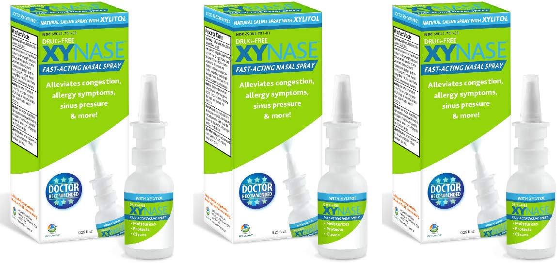 Xynase Natural Saline Nasal Spray with Xylitol - Relieves Nasal Congestion, Dry Nose, Allergy Symptoms, Sinus Pressure (0.75 fl oz Each) 3 Pack
