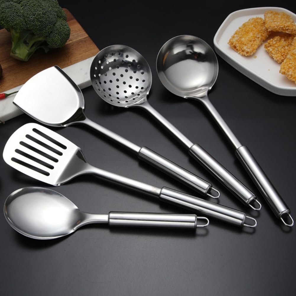 5 Pcs Stainless Steel Kitchen Utensil Set Gadgets Heavy Duty Kitchen Utensils with Spoon, Spatula, Large Spoon, Soup Spoon, Spatula (Silver)