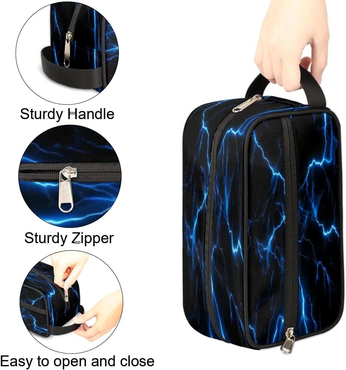 Blue Lightning Bolt Hanging Toiletry Bag,Travel Hygiene Kits for Boys Mens,Waterproof Makeup Carry-on Bags,Cosmetic Bag,TSA Approved Shave Dopp Kit for Toiletries Shower Bathroom Accessories Gifts,