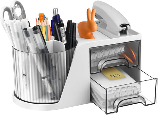 Poeland Rotating Pen Holder with 2 Drawers, Desk Organizer, Stationery Accessories Cosmetics Storage Box for Office School Home - White