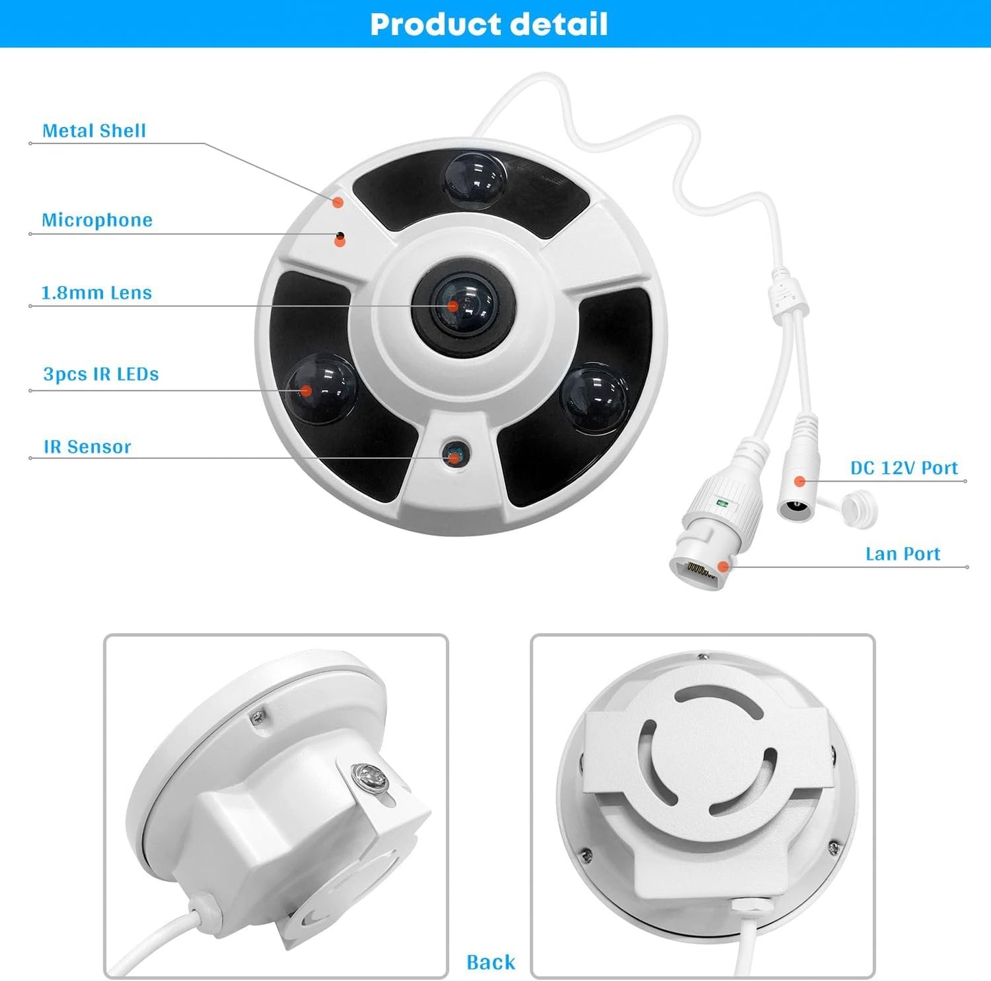 Audio 8MP 4K Ultra HD IP POE Security Camera,1.8mm Wide Angle Fisheye Panoramic Lens Camera 360 Degree Night Vision,AI Human Detection, Built-in Mic Compatible with NVR