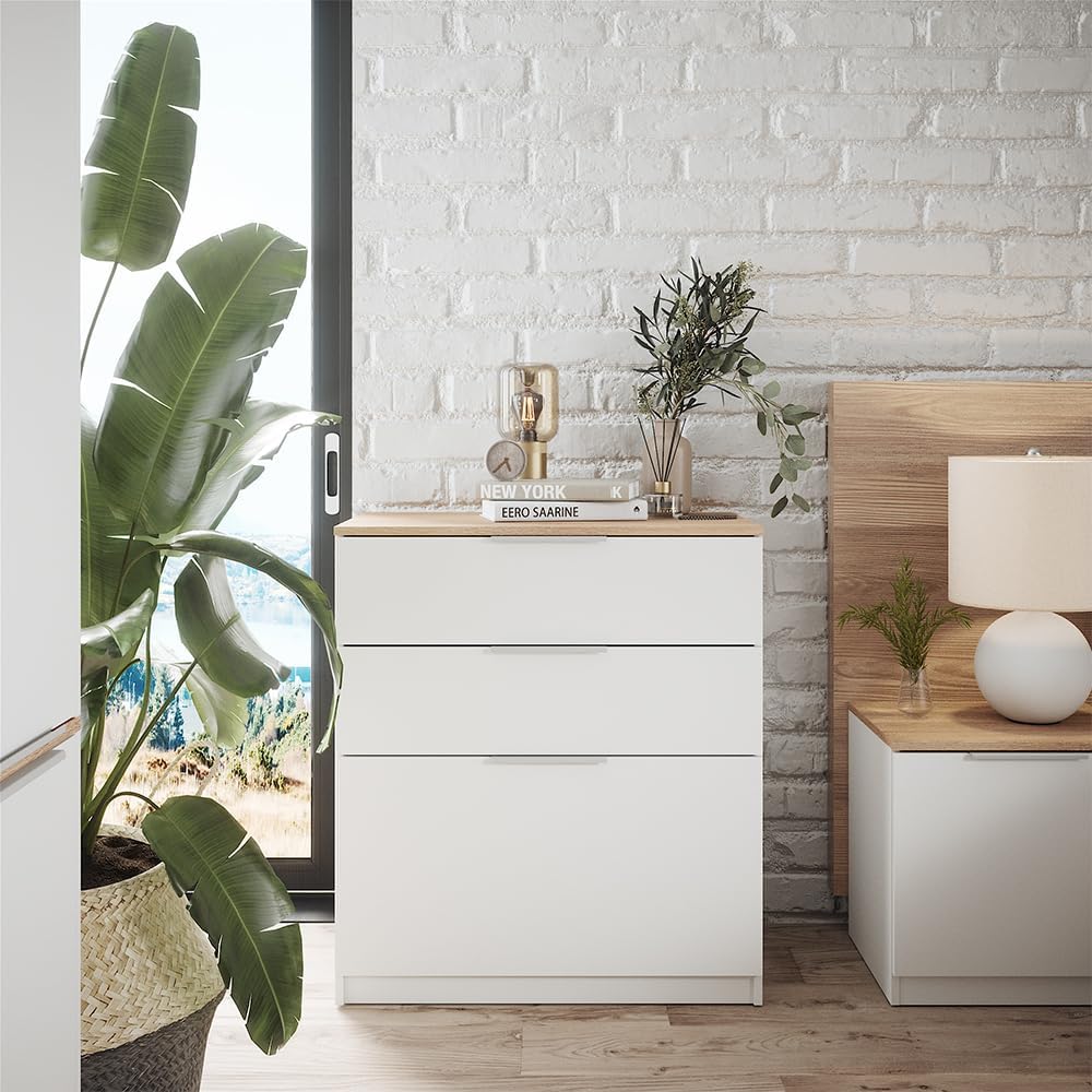 Vicco Betti Bedroom Chest of Drawers, White/Sonoma, 80 x 90 cm with 3 Drawers