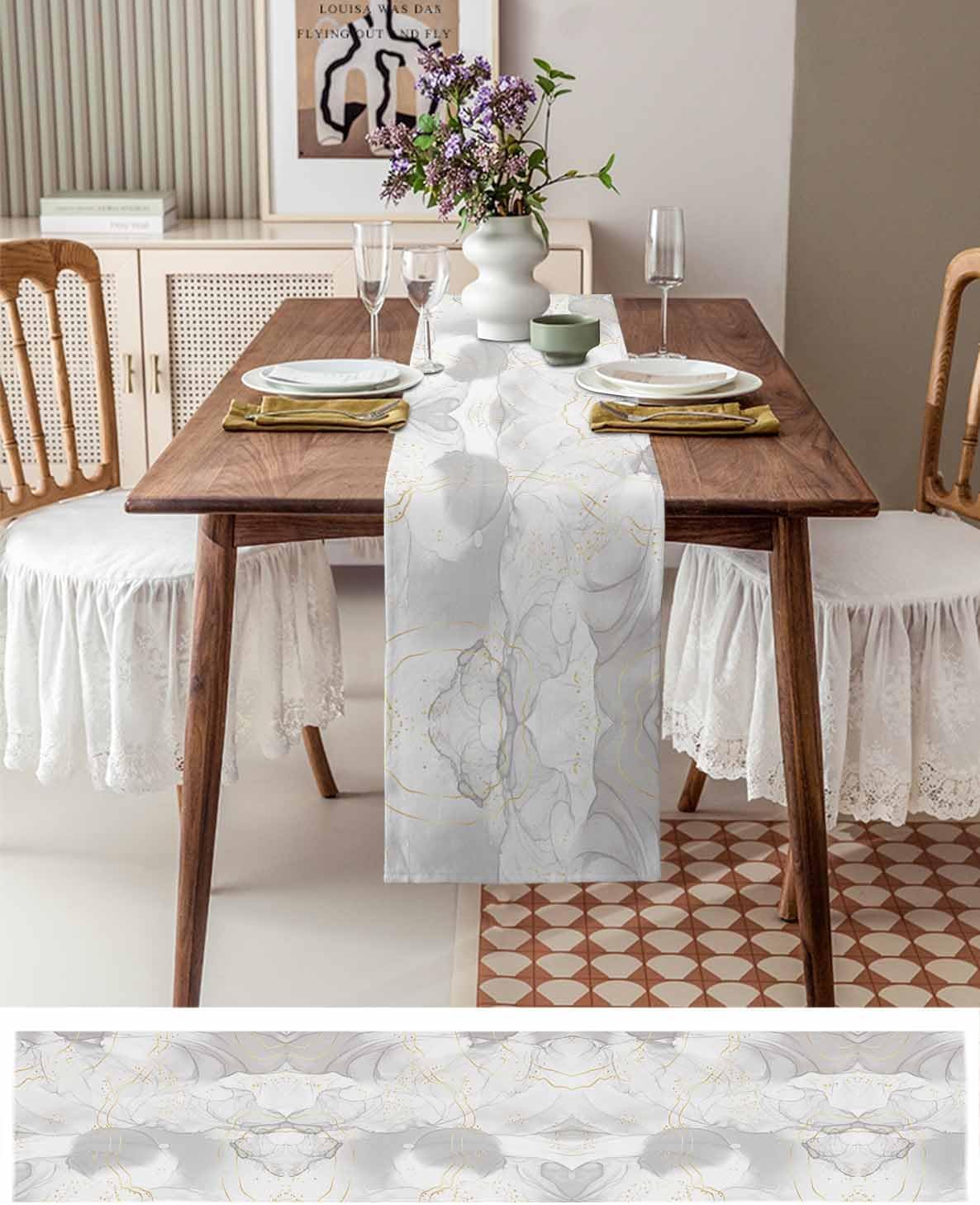Natural White Grey Marble Stone Table Runners,Linen Cotton Table Runner Dresser Scarves Abstract Agate Gold Stripe Tabletop Scarf for Dining Room Kitchen Holiday Party (White Grey, 33CM*183CM)