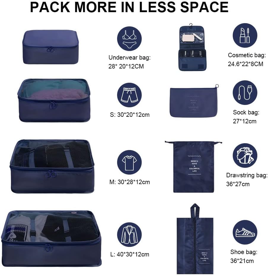 OSDUE Luggage Organizer, 8 Pieces Waterproof Packing Cube Set, Separators Pouches Travel Organizer, Clothing Underwear Footwear Organizers Sacks Storage Suitcase Set (Navy Blue)