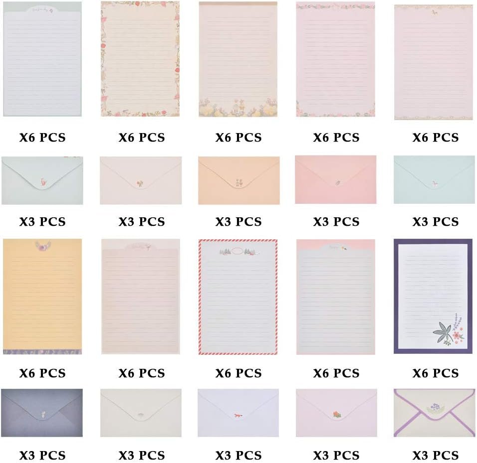 TIMESETL Stationery Letter Paper and Envelopes Set, 60 Sheets Cute Letter Writing Paper & 30 Lovely Envelopes, 10 Different Flora and Fauna Printed Design, Double-Sided Printing, A5 Size