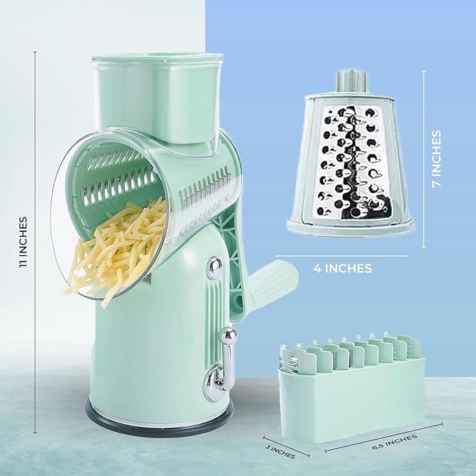 Chef Power's 5 in 1 Rotatory Cheese Grater - Premium Quality Hand Cheese Grater With Handle - Food Chopper for Kitchen - Light Green