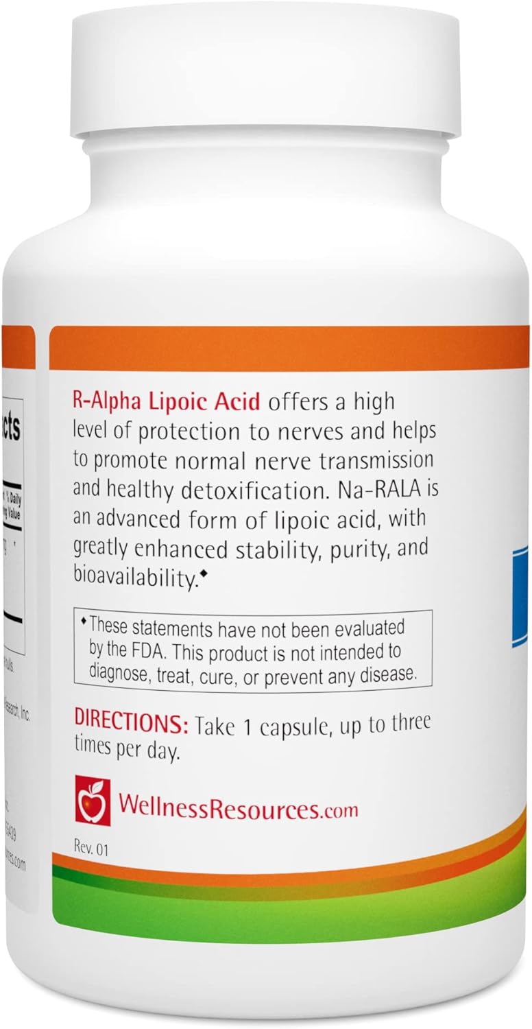 Wellness Resources R Alpha Lipoic Acid RALA Supplement - 90 Capsules - Stabilized R-Lipoic Acid with Bio-Enhanced Na-RALA for Maximum Bioavailability - R-Ala Non-GMO and Gluten Free