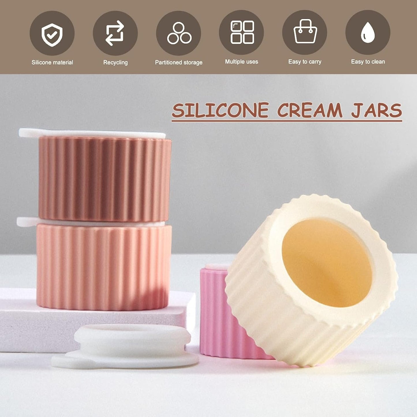 RoseFlower 4 Pieces Travel Containers Silicone Cream Jars, BPA Free Multifunctional Leak-proof Mini Size Accessories Makeup Bottles with Lid, Face Hand Body Cream, Toiletries, for Outdoor, Gym