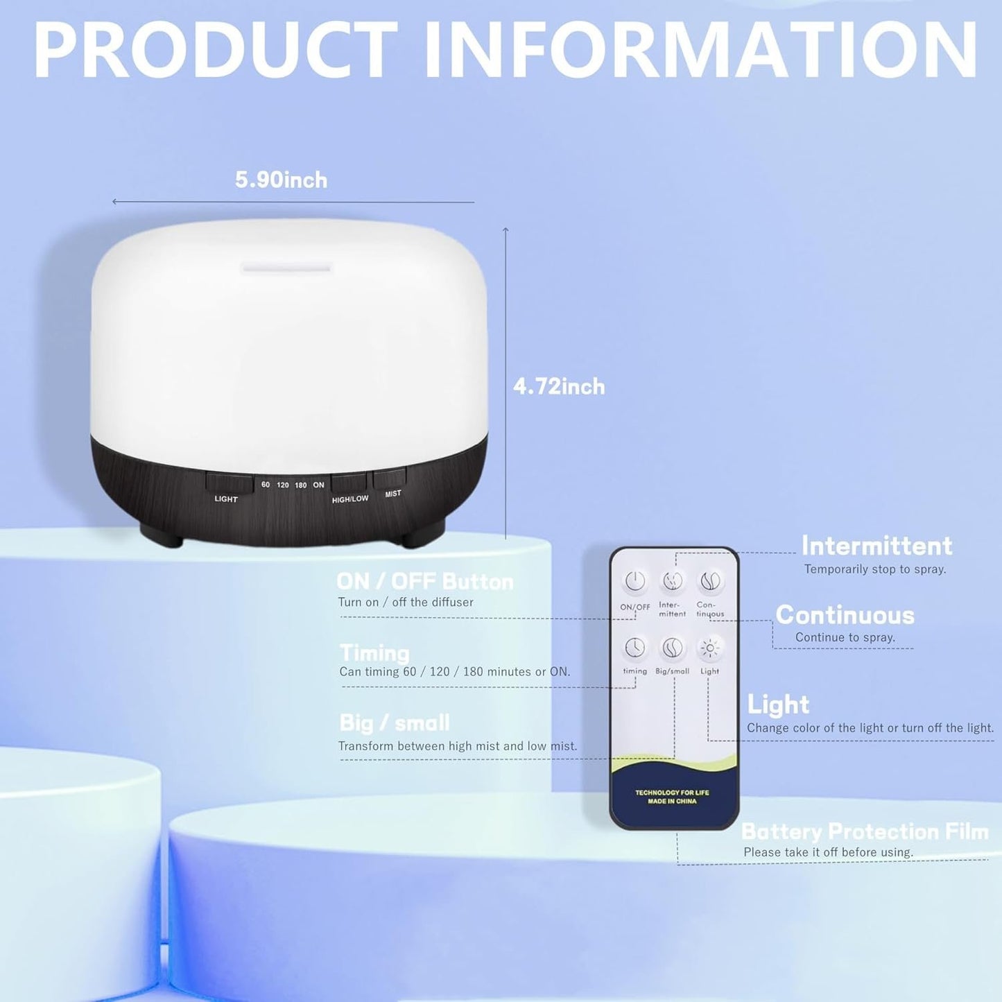 Diffusers for Essential Oils - Essential Oil Diffusers with Remote Control, 500ml Waterless Auto-Off 4 Timers 7Color Light Cool Mist Air Humidifier for Home Bedroom Office Plants Aromatherapy