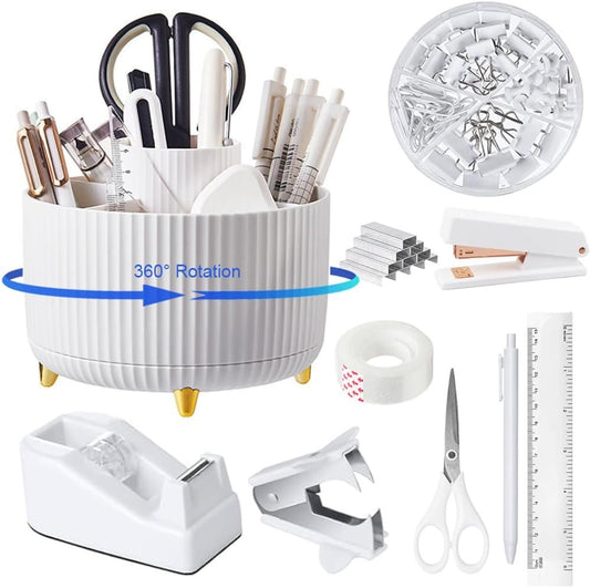 Vekol Desk Accessories, Pink Office Supplies 360°Pen Holder Desk Organizers with Tape Dispenser, Stapler, Staple Remover, Staples, Tape, Clips Set, Ruler, Scissor, Pen for Office School Home, White