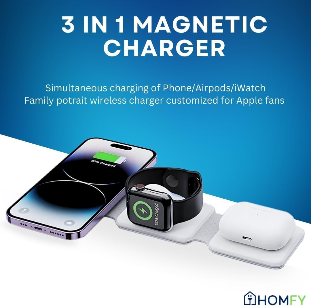 3-in-1 Wireless Charging Station for iPhone, Apple Watch & AirPods – Fast Foldable Charger Dock with USB-C & 18W Wall Adapter | Travel Essentials by HOMFY