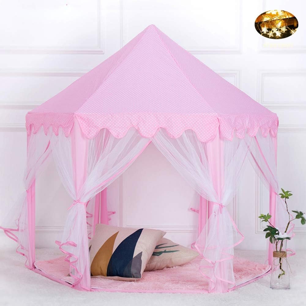 MonoBeach Princess Castle Play Tent Kids Play House with Star Lights Girls Pink Play Tents Toy for Indoor & Outdoor Games