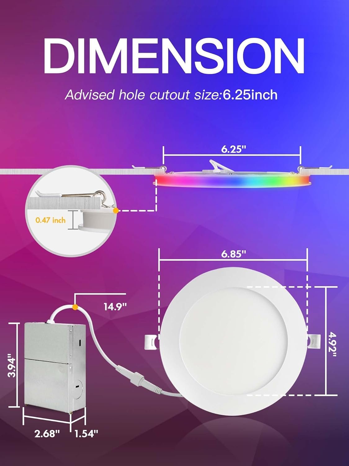 12 Pack 6 Inch Smart LED Recessed Lighting with RGB Back Light, 12W 1200LM Smart LED Recessed Lights with Junction Box, 2700K-6000K Color Changing Work with Google Assistant/Siri, Hub INCL