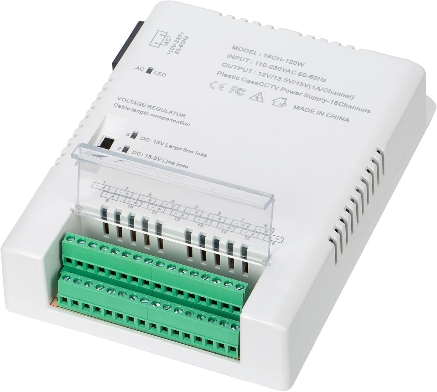 16 Channel CCTV Camera Power Supply Distribution Power Supply 90V-264VAC Input to 12V-13.8-15VDC Output Security Camera Power Adapter with PTC Fuse (HD16C120W)