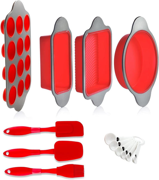 13-Piece Non-Stick Silicone Bakeware Set with Cake Pan, Brownie Pan, Loaf Pan, Muffin Mold, Spatulas, Brush, and Measuring Spoons - Oven, Freezer and Dishwasher Safe…