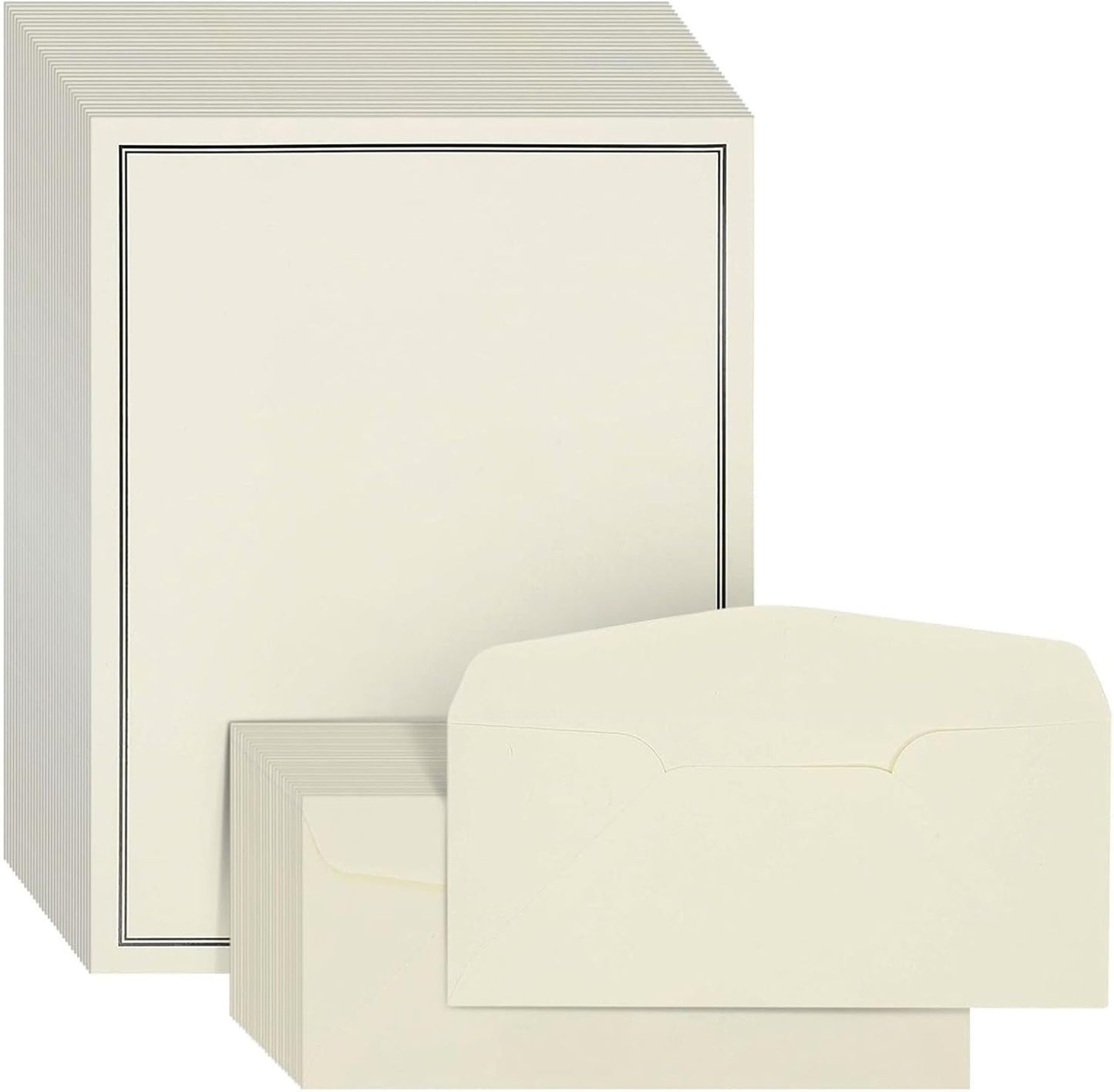 Ecru and Black Premium Stationery Paper Set, Letter Size (24 Envelopes, 48 Sheets)