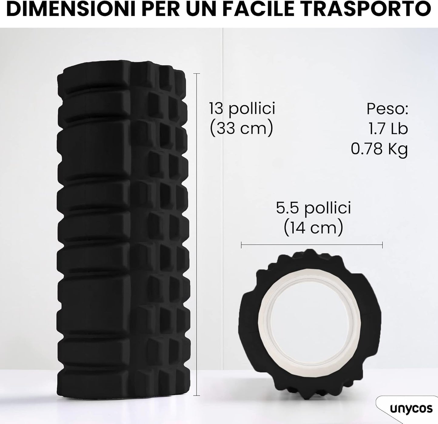 unycos - Foam Roller for Muscle Self-Massage, Fitness Roller in Hard EVA for Massages【Load 130 kg | 33 x 14 cm】Yoga, Pilates, Therapy that Improves Recovery in the Gym (Black)