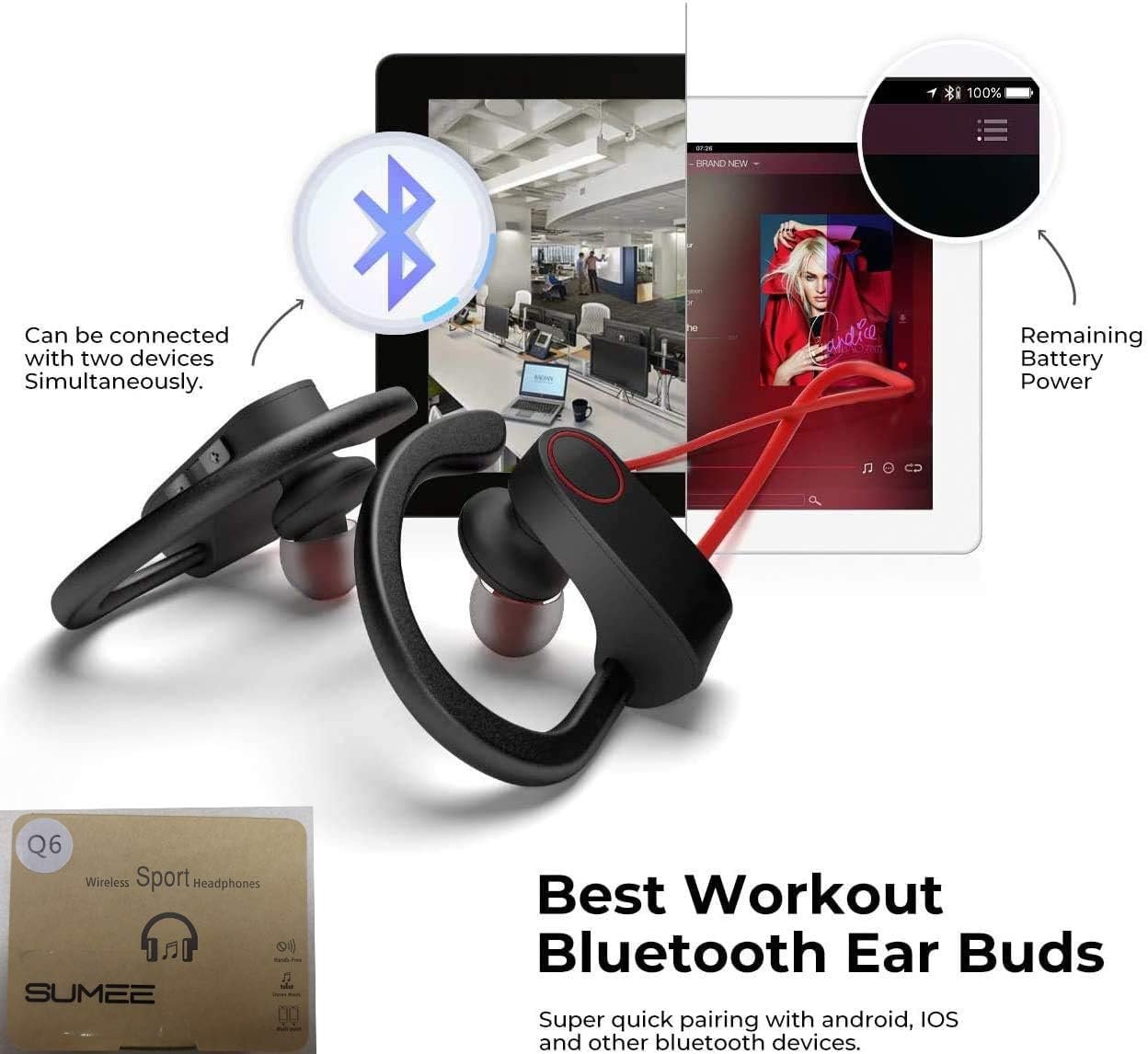 Newest Bluetooth Headphones Best Mic Wireless Sport Earphones HiFi Bass Stereo IPX7 Waterproof in-Ear Earbuds Headset with Noise Canceling for Workout Running Gym 7 Hours Playing Time