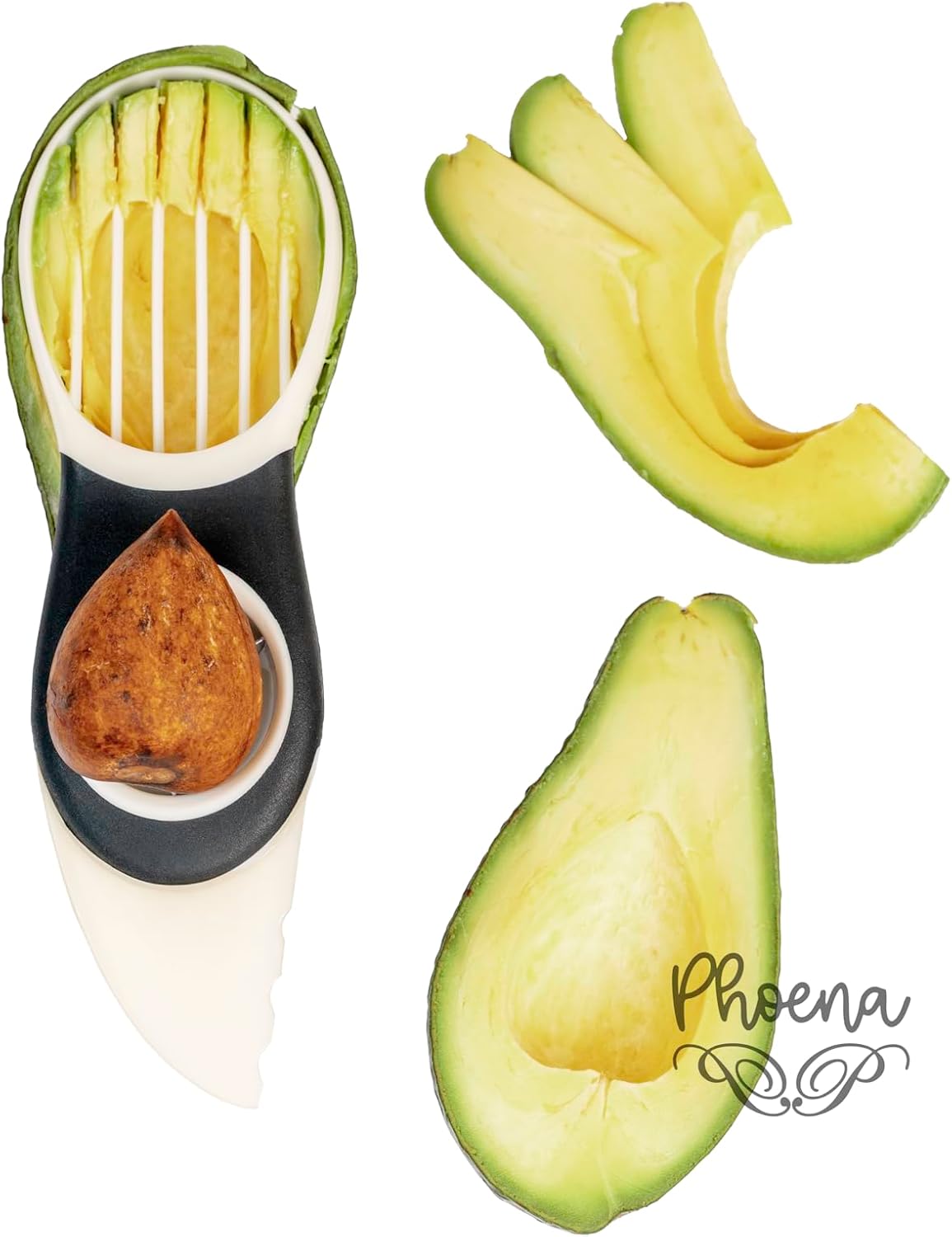 PHOENA Avocado Tool Fruit Slicer Pitter 3 in 1 White & Black Kitchen Gadget Tool Comfortable to Grip Core Remover Food Safe Fruit & Vegetable