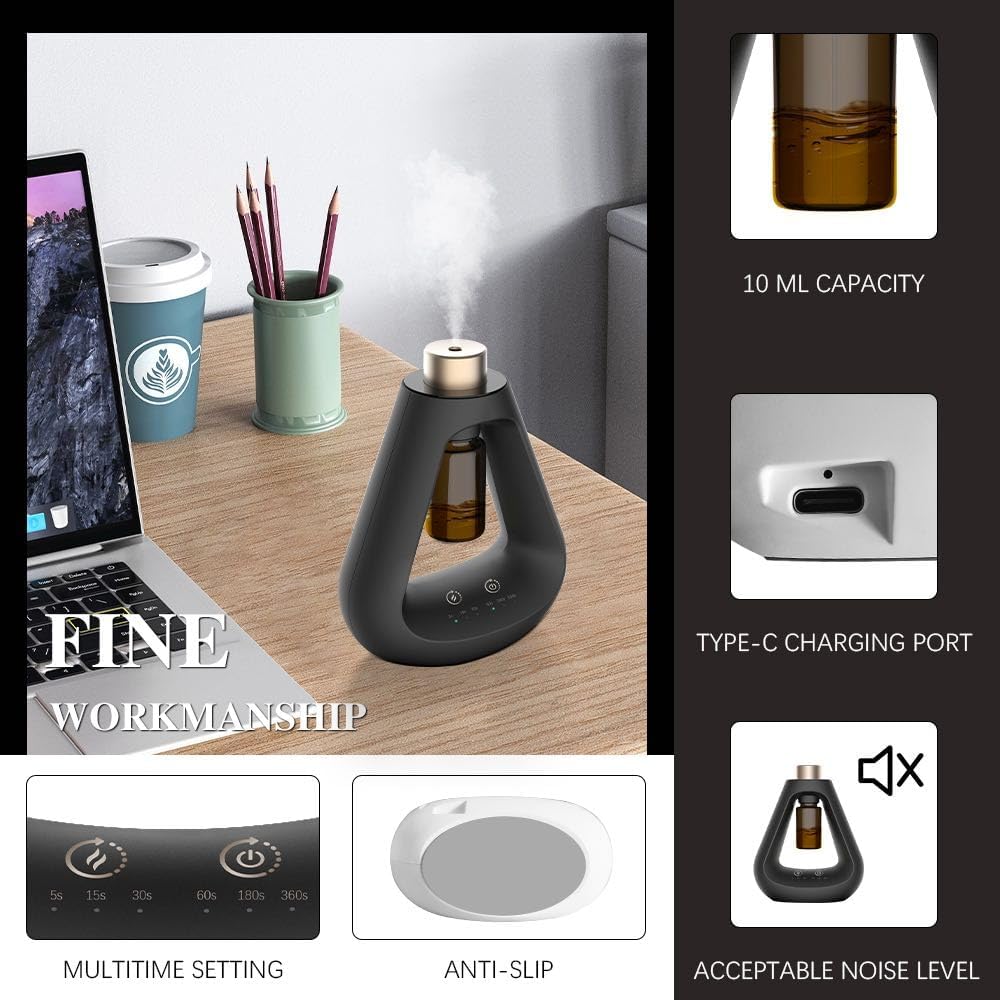 Waterless Essential Oil Diffuser, Aromatherapy Waterless Diffuser for Home Bedroom Office Bathroom Scent Diffuser, Modern Design Small Diffuser Battery Operated with 9 Mist Settings
