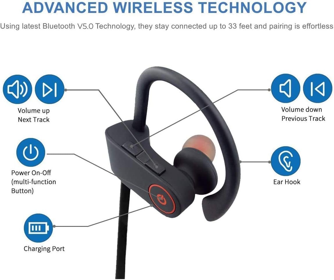 Newest Bluetooth Headphones Best Mic Wireless Sport Earphones HiFi Bass Stereo IPX7 Waterproof in-Ear Earbuds Headset with Noise Canceling for Workout Running Gym 7 Hours Playing Time