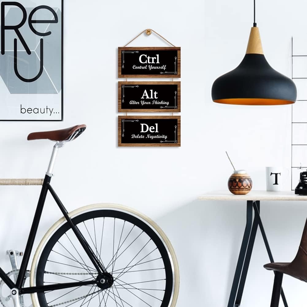 CHDITB Inspirational Rustic CTRL ALT DEL Wood Sign Decor,(11”X5.3”),Alter Your Thinking Office Wall Decor,Motivational Sayings Wooden Hanging Wall Plaques for Home Office Living Room Wall Art Decor