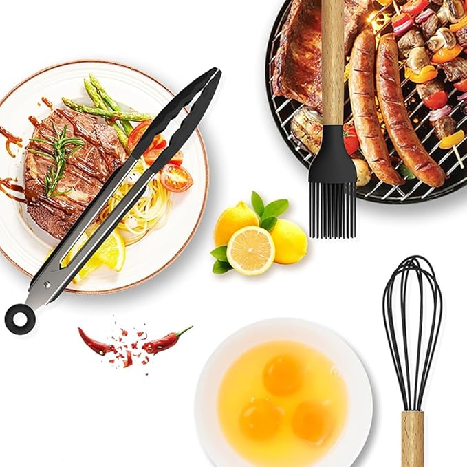 15-Piece Silicone Wooden Handle Kitchen Utensils Set, Cooking Tools with Holder, Kitchen Gadgets for Non-Stick Cookware