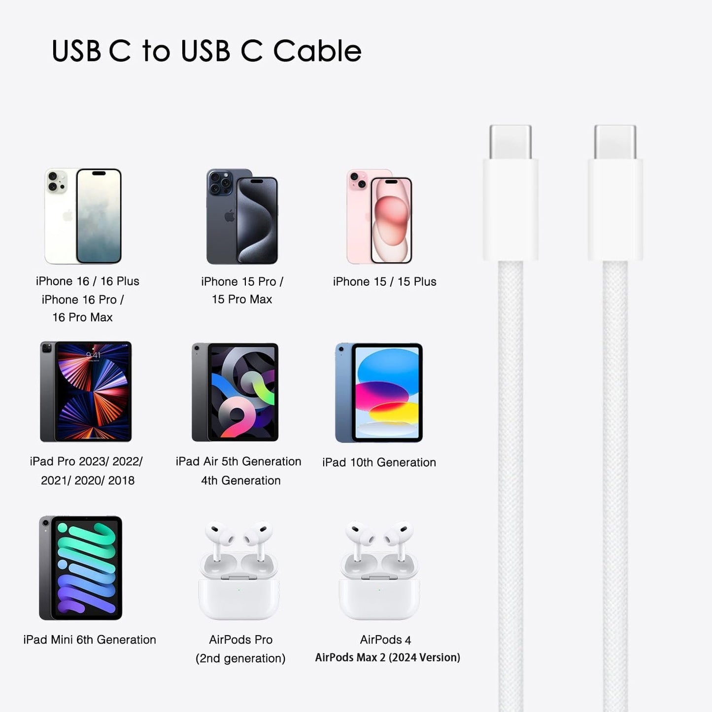 3m iPhone USB C to USB C Woven Cable for iPhone 15/16, 15/16 Plus, 15/16 Pro Max, 20W Fast Charger Cable for AirPods 4, AirPods Pro(2nd Generation) Wireless Earbuds Charging Cord Lead Power Adapter