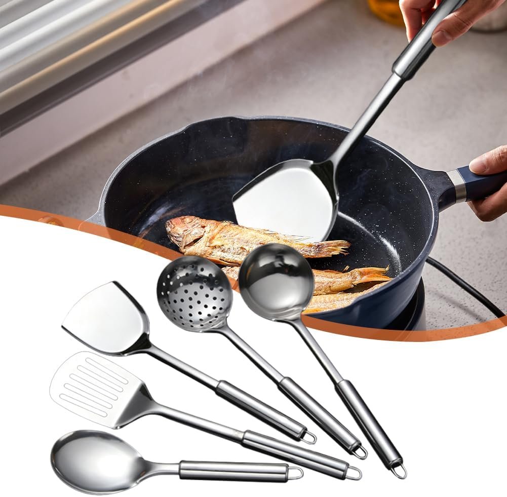 5 Pcs Stainless Steel Kitchen Utensil Set Gadgets Heavy Duty Kitchen Utensils with Spoon, Spatula, Large Spoon, Soup Spoon, Spatula (Silver)