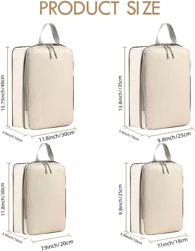 Bansga Suitcase Organizer, 4 Set Travel Organizer, Compression Packing Cube Space-Saving Expandable Ultralight Travel, Clothing Organizers Sacks Storage Suitcase Set-Beige