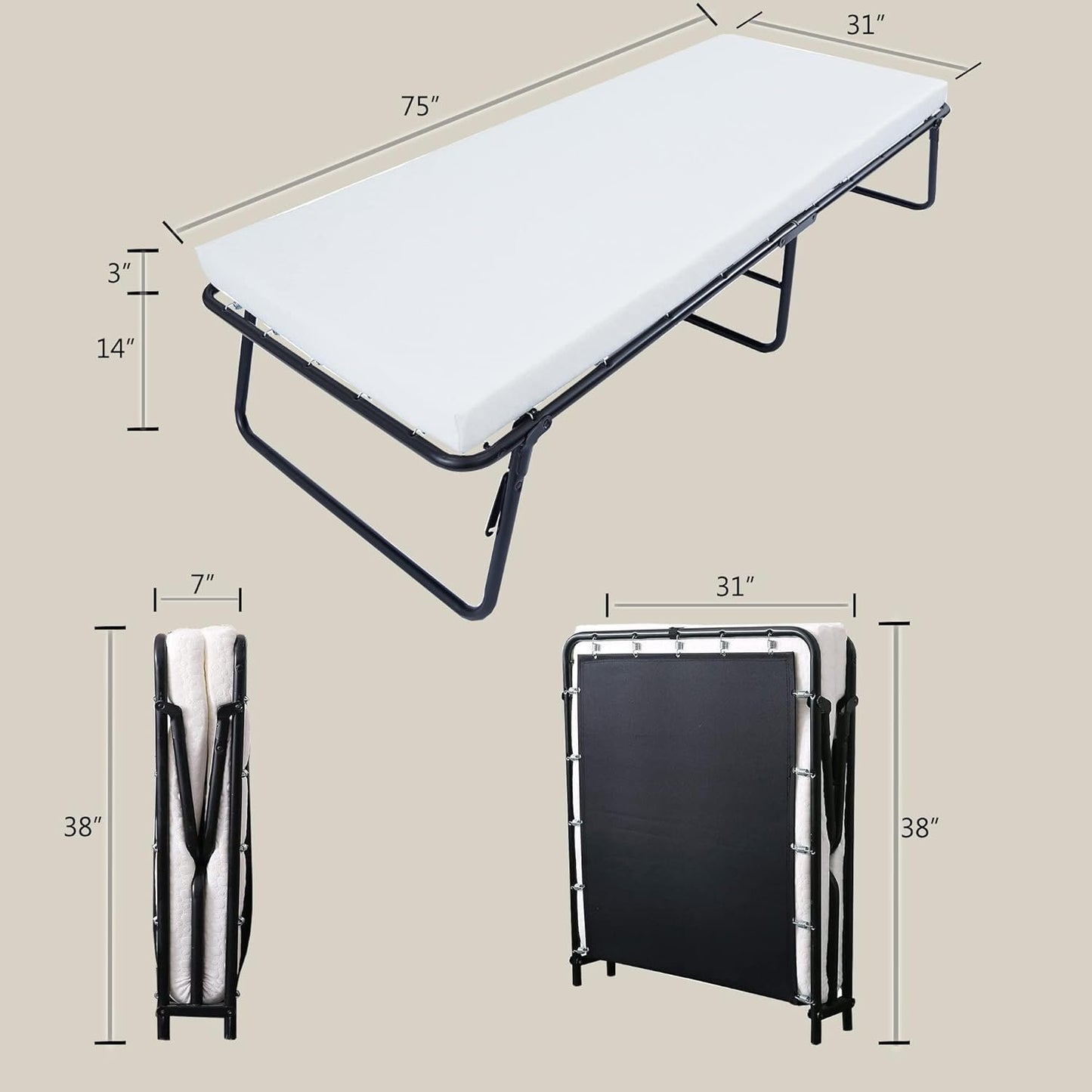 Leisuit Folding Guest Bed Cot Fold Out Bed - Portable Folding Bed Frame with Thick Memory Foam Mattress for Spare Bedroom & Office