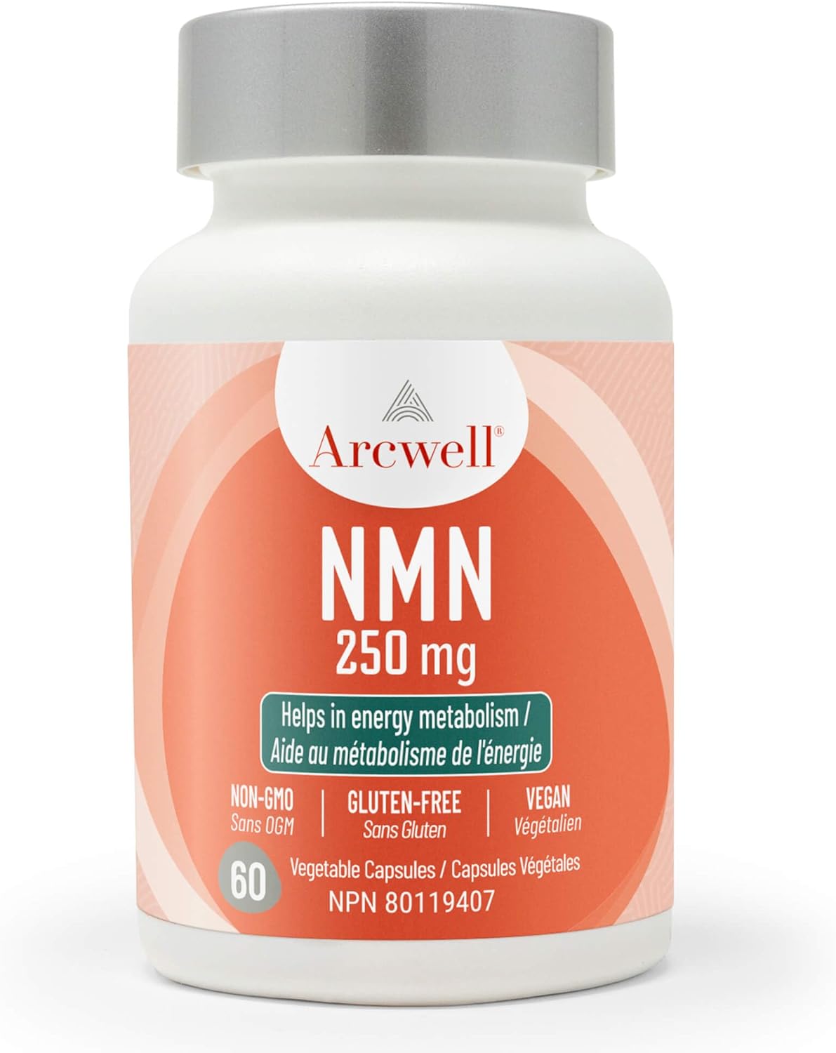 Arcwell NMN (Nicotinamide Mononucleotide) 250 mg per Capsule | NAD+ Boost Supplement for Healthy Aging & Energy Production | High Purity 99.8% | Made in Canada (60 day supply)