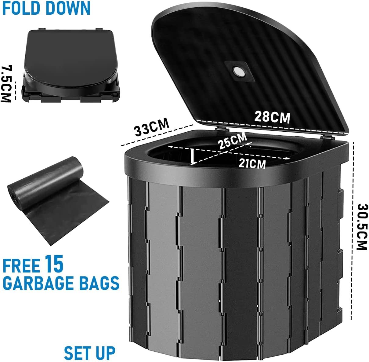 Aumerage Portable Folding Waterproof Camping Toilet with Lid & Carry Bag, Compact Travel Toilet for Camping, Hiking, Boat, Beach, Traffic Jam, Car and Outdoor Adventures (Black)