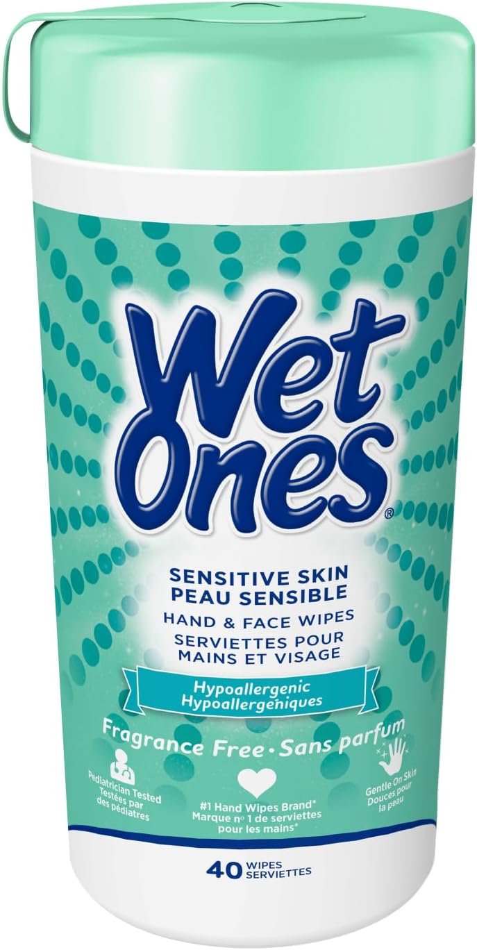 Wet Ones Sensitive Skin Hand Wipes, Unscented, Alcohol-Free Wet Wipes, 40 Count Canister