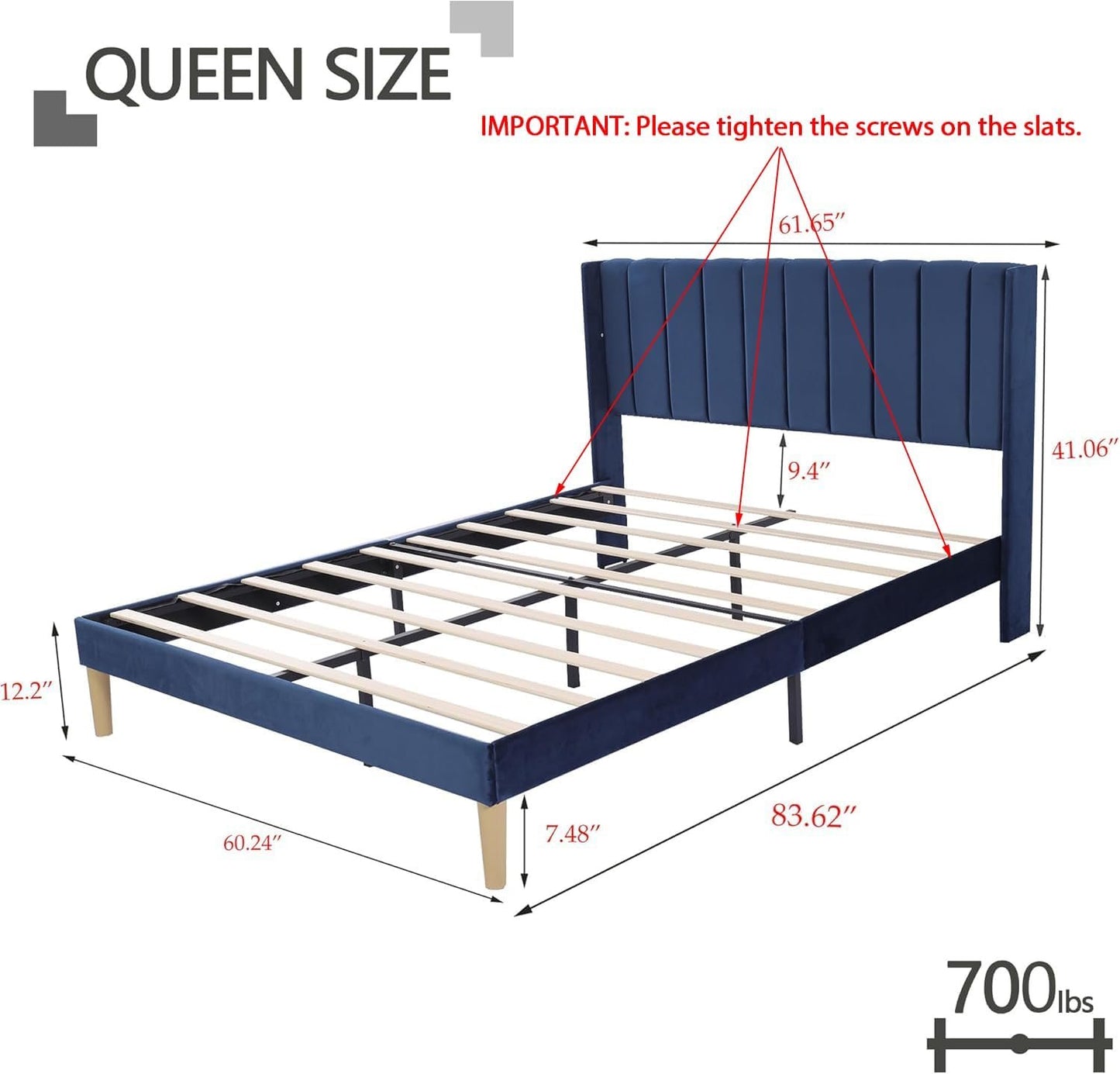 Zoophyter Upholstered Platform Bed Frame Queen Size with Headboard Mattress Foundation Strong Wooden Slats Support Easy Assembly No Box Spring Needed Blue Velvet