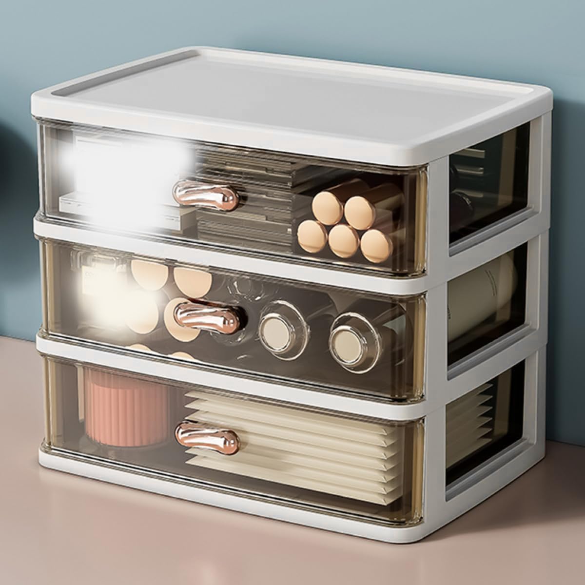 AIMALL Multi-Tier Storage Drawer Organizer – Transparent Desktop Cosmetic Holder with Smooth Pull Design, Large Capacity for Office, Makeup & Accessories