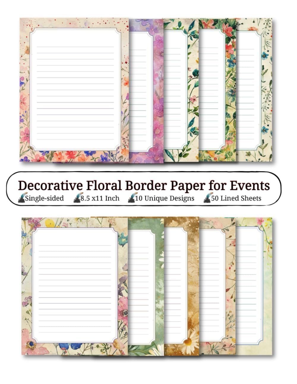 Decorative Floral Border Paper for Events: Daily Stationery Sheets, Letterhead for Party Invitations, Elegant Scrapbook Paper for Writing: Running Daily Supplies, 10 Designs, 40 Sheets, 8.5 x11”
