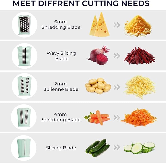 Chef Power's 5 in 1 Rotatory Cheese Grater - Premium Quality Hand Cheese Grater With Handle - Food Chopper for Kitchen - Light Green